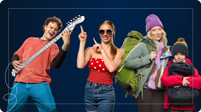 Grupa osób na ciemnym tle, w tym mężczyzna z gitarą, kobieta w letnim stroju oraz kobieta z chłopcem w zimowych ubraniach