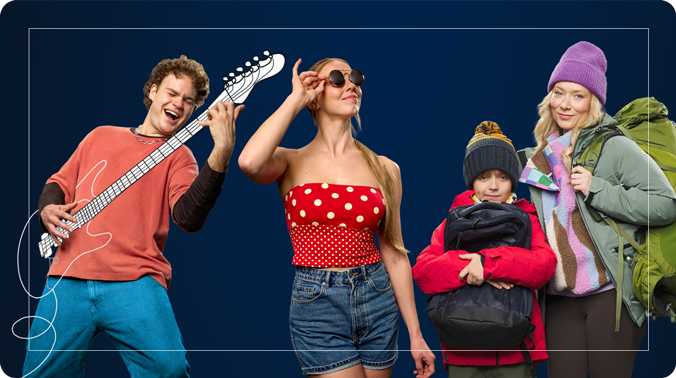 Grupa osób na ciemnym tle, w tym mężczyzna z gitarą, kobieta w letnim stroju oraz kobieta z chłopcem w zimowych ubraniach
